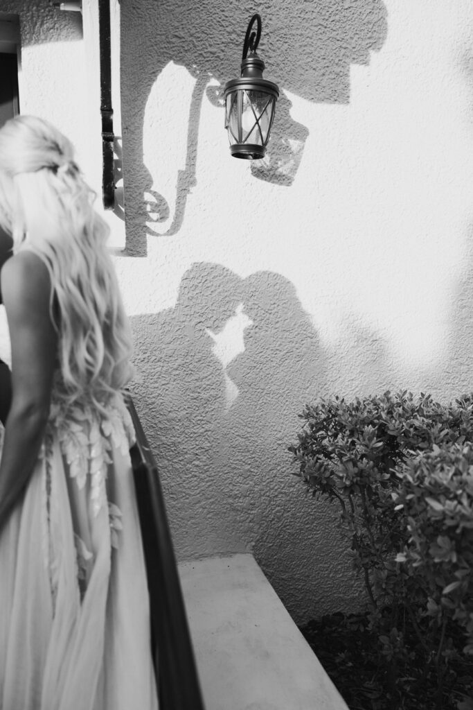 Black and white shadow portrait of the bride and groom