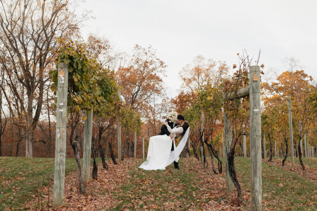 Stunning sunset vineyard wedding couple embracing among the vines at Lovingston Winery near Charlottesville Virginia with dramatic orange and pink skies over the Virginia mountains